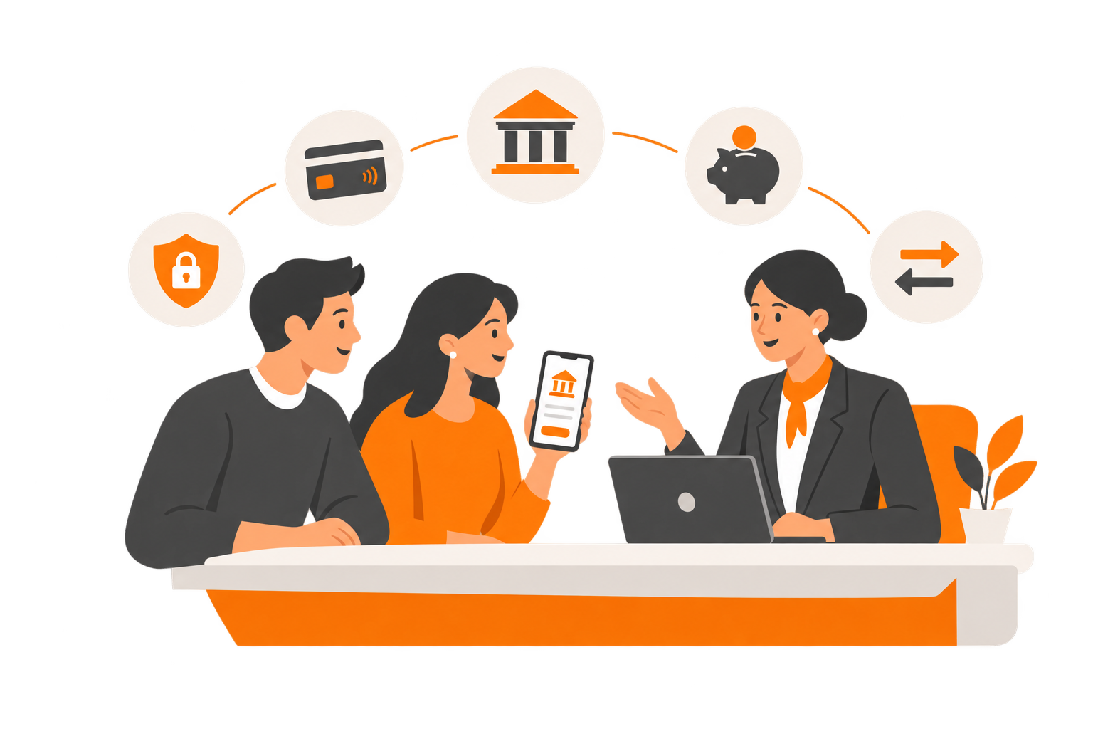 Banking customers discussing digital financial services with an advisor