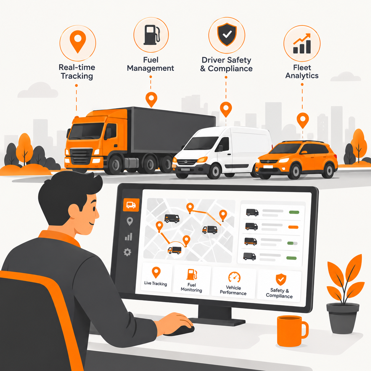 Fleet operator monitoring vehicles, tracking, fuel, safety and fleet analytics